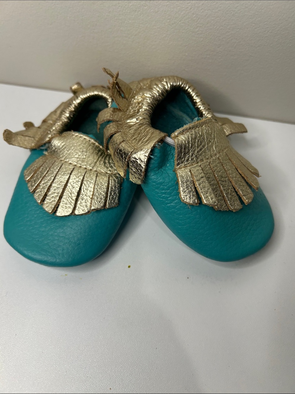 Baby / toddler leather Teal Moccasins with Metallic Gold Fringe - Soft Slip-On